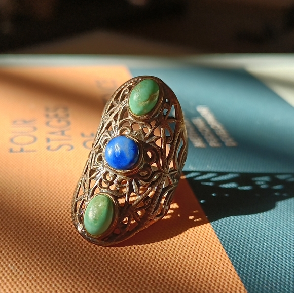 Turquoise and Blue Stone Sterling Silver Ring 6.75 - Picture 2 of 8